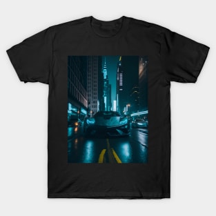 Chicago Night Ride Teal Sports Car T-Shirt